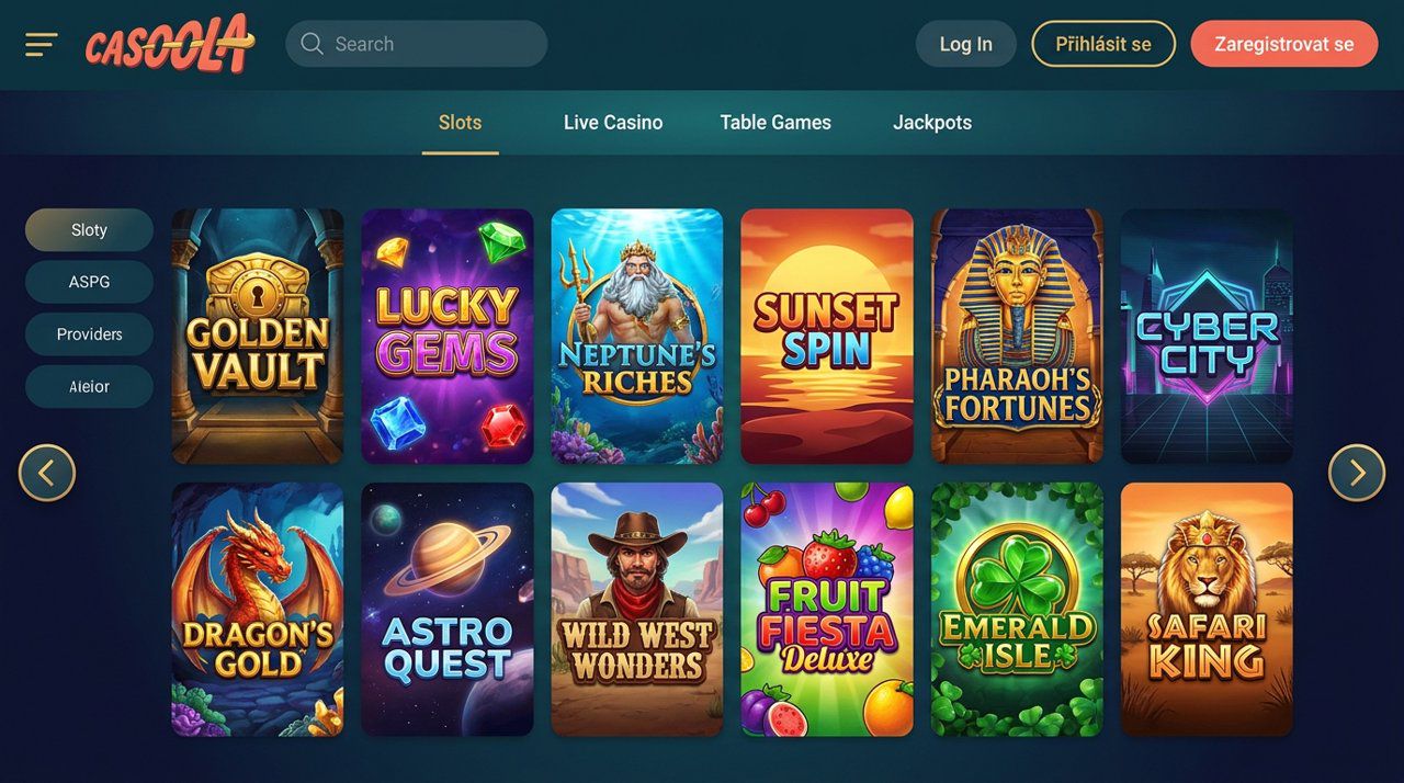 Úvodní stránka online casina Casoola s nabídkou automatů, živého kasina a jackpotů