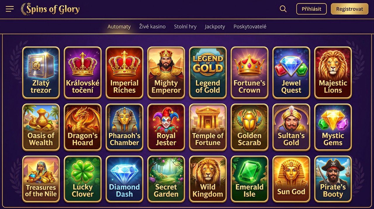 Ukázka úvodní stránky online casina Spins of Glory s nabídkou automatů