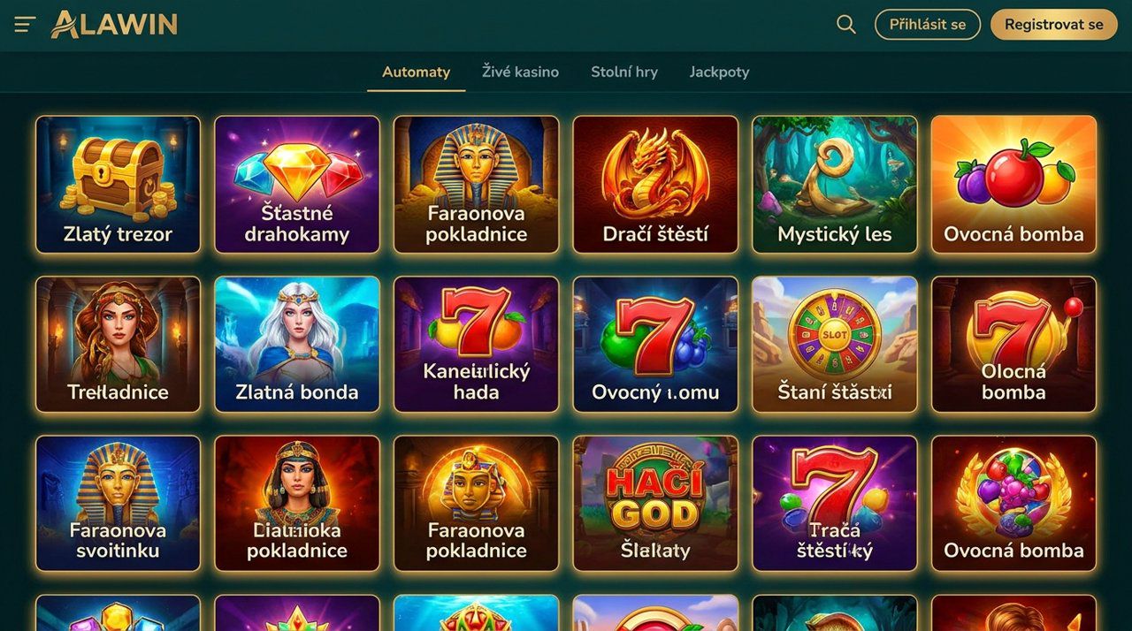 Úvodní stránka online kasina Alawin s nabídkou automatů a živého kasina