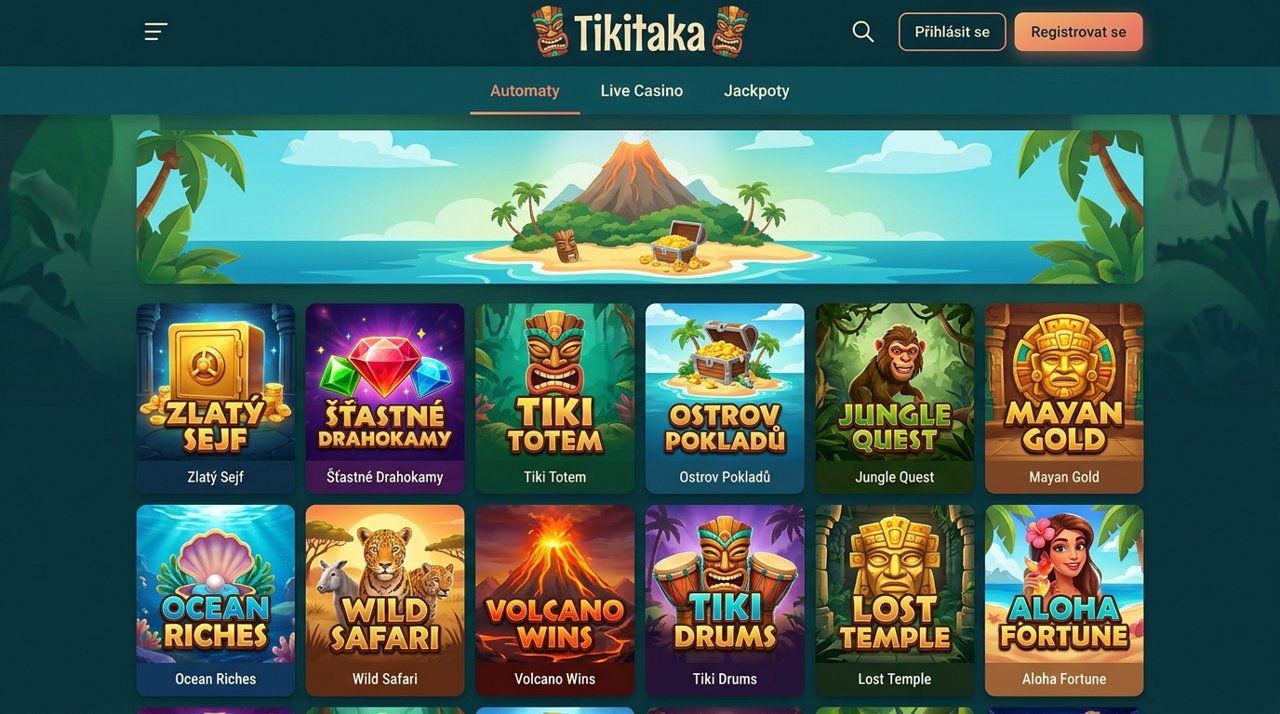 Úvodní stránka online casina Tikitaka s nabídkou automatů, živého kasina a jackpotů