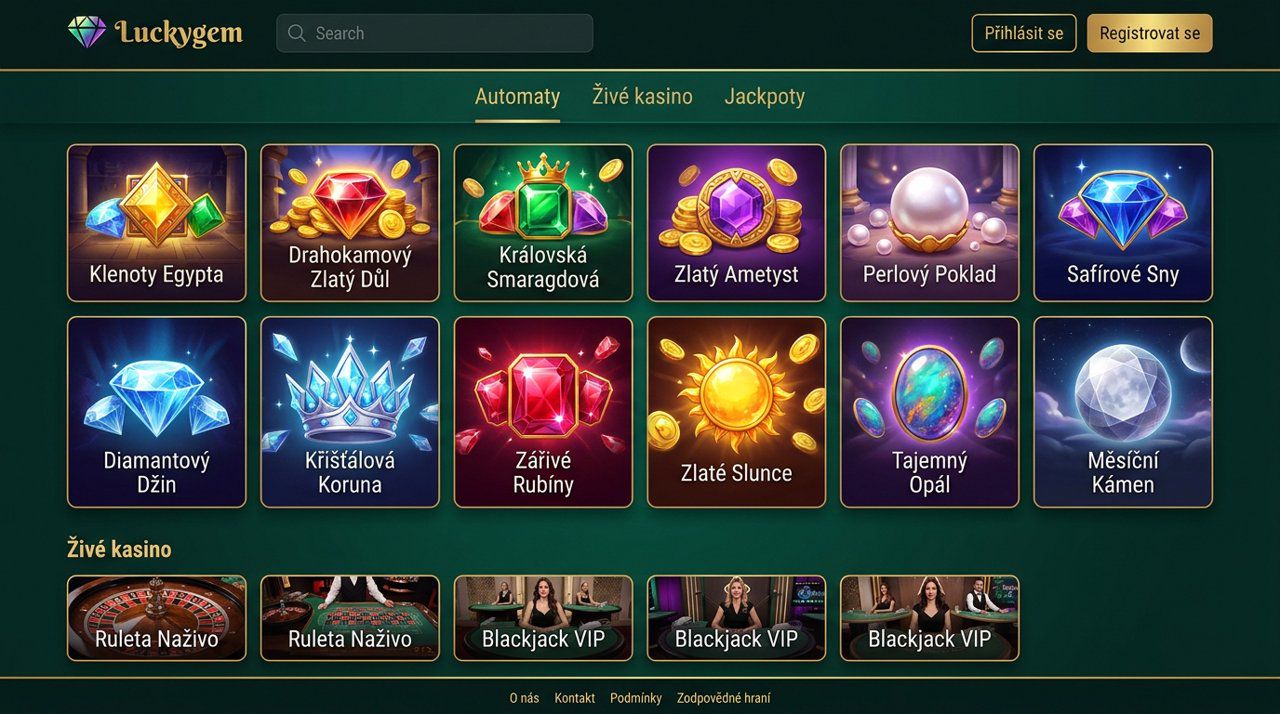 Úvodní stránka online kasina Luckygem s nabídkou automatů a živého kasina