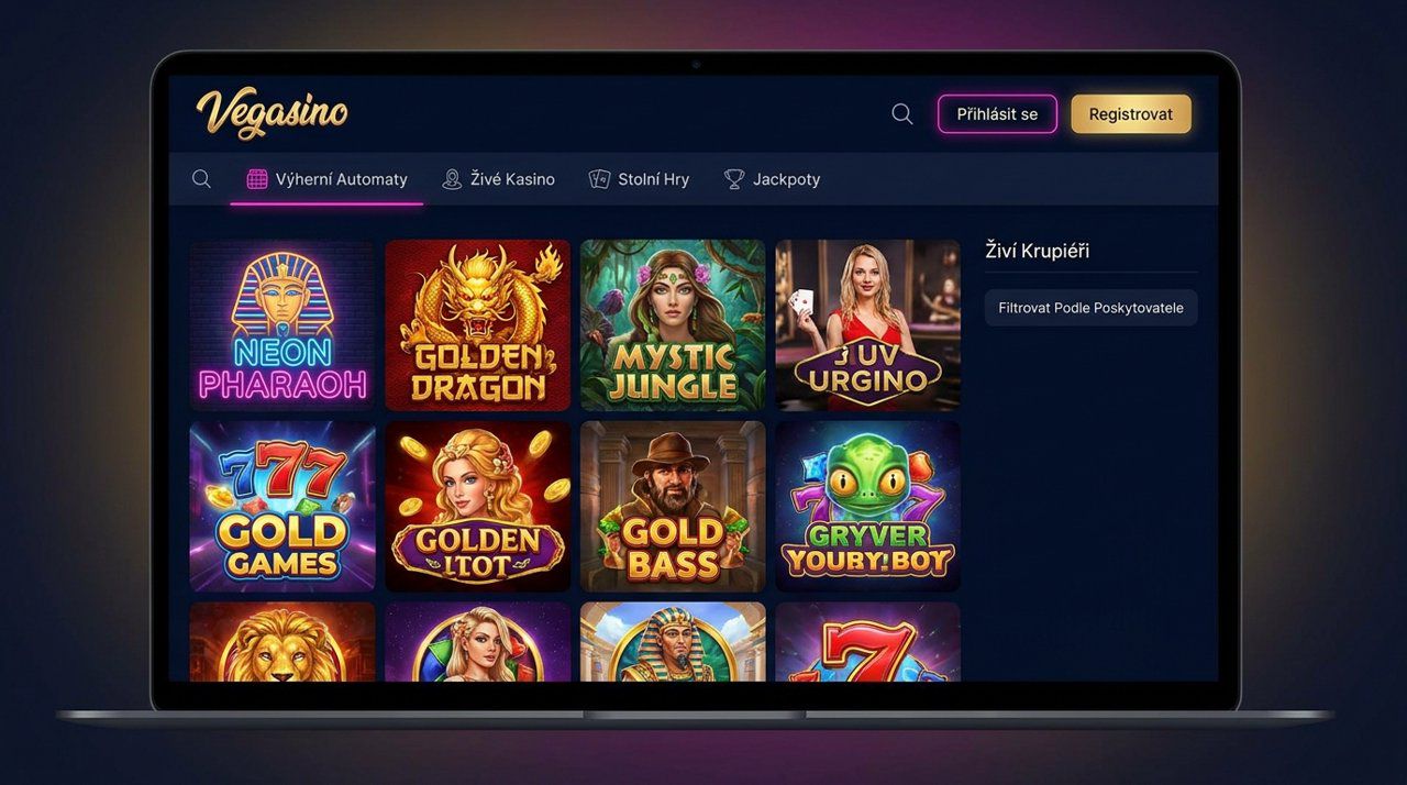 Úvodní stránka Vegasino casino s nabídkou automatů a živého kasina